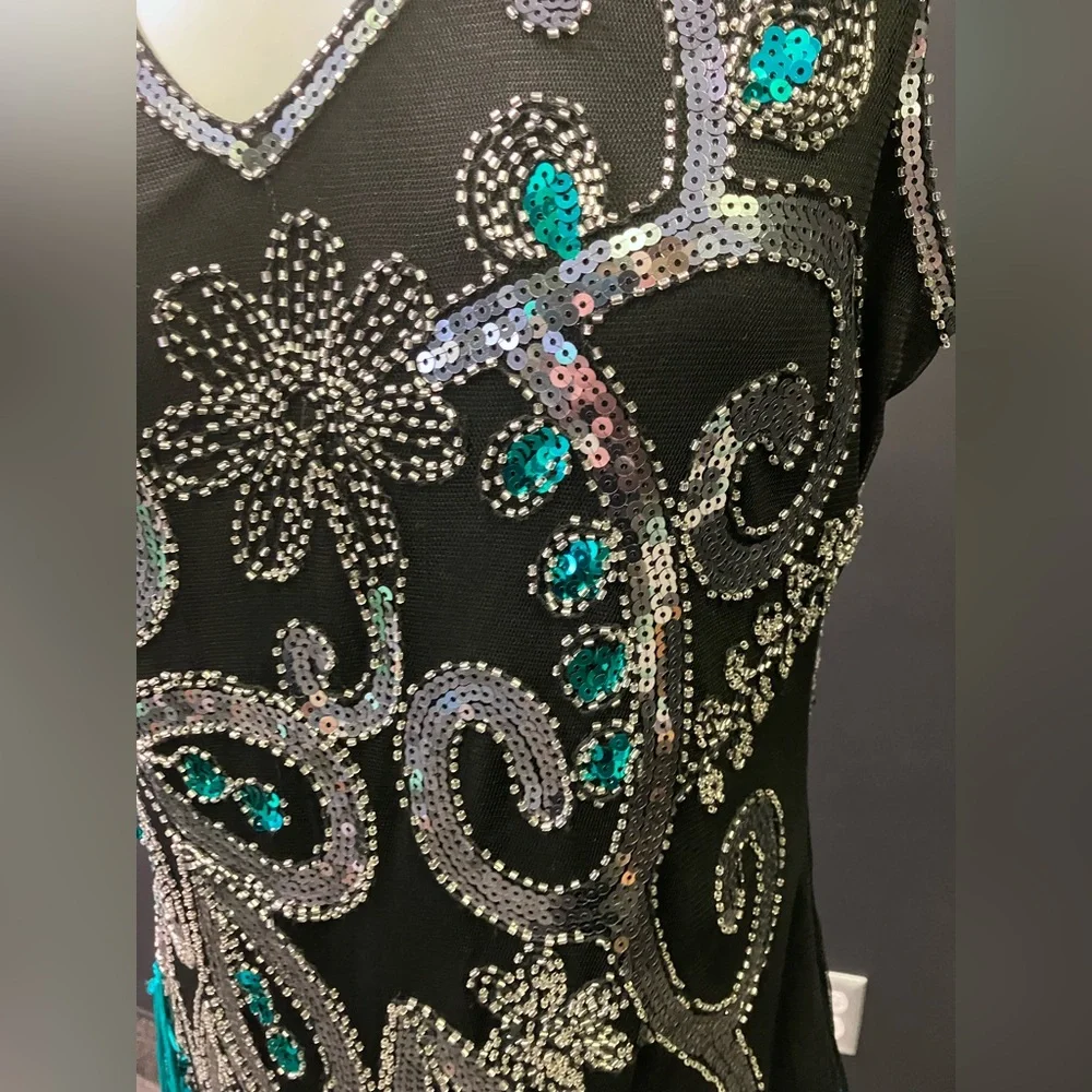 BabeYond black green and Silver peacock embroidered fringe flapper dress XL - Picture 6 of 15
